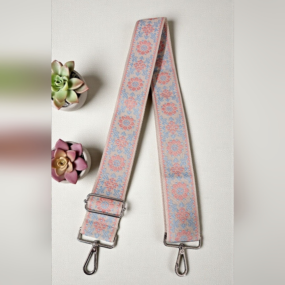 Purse Strap - Floral Embroidered Strap - Beige, Pink and Blue